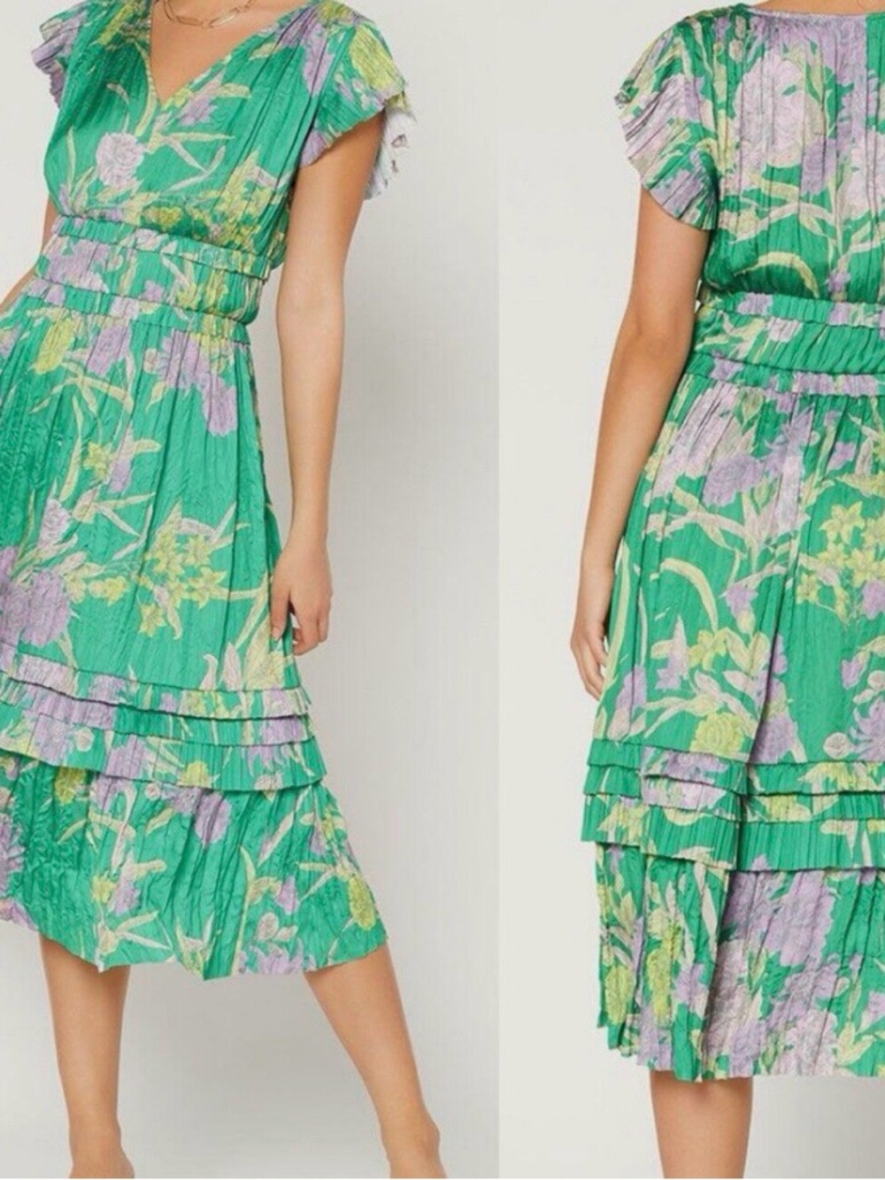 Current Air Green Floral Tiered Midi Dress with Lavender and Yellow Accents